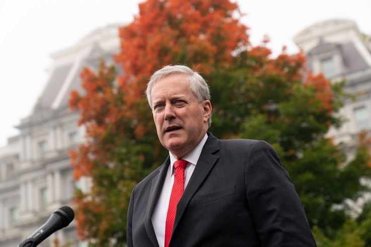 White House chief of staff Mark Meadows speaks with reporters at the White House, Wednesday, Oct. 21, 2020, in Washington. (AP…