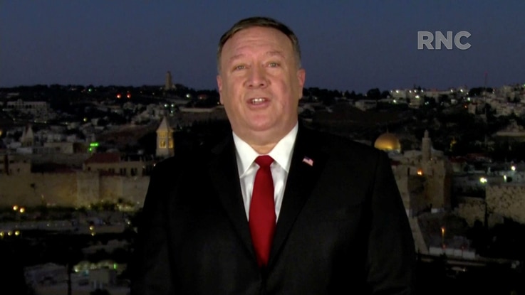 U.S. Secretary of State Mike Pompeo speaks by video feed from Jerusalem during the largely virtual 2020 RNC.