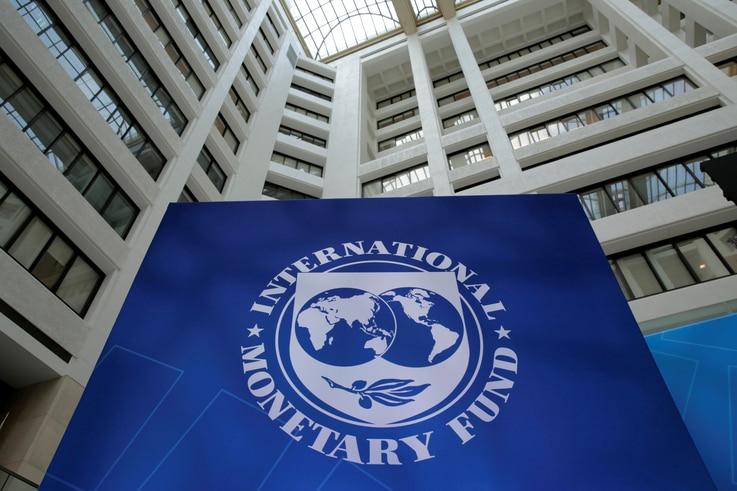 FILE PHOTO: FILE PHOTO: The International Monetary Fund logo is seen during the IMF/World Bank spring meetings in Washington, U…