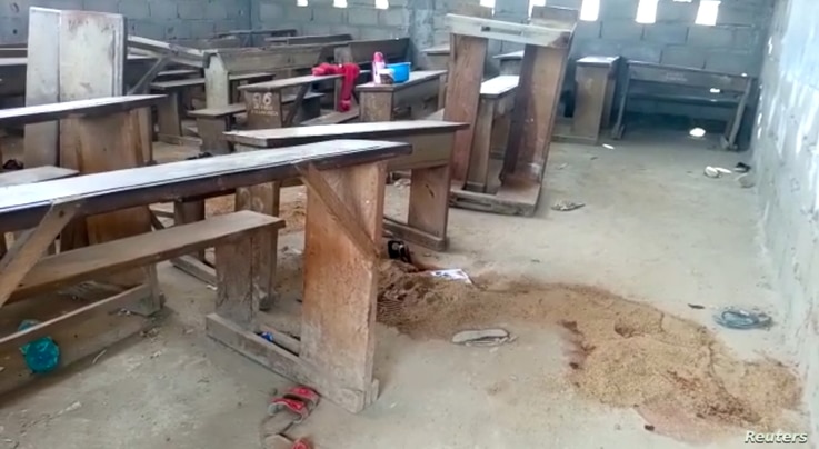 An empty clasroom is seen following a shooting at a school in Kumba, Cameroon October 24, 2020 in this screen grab obtained…