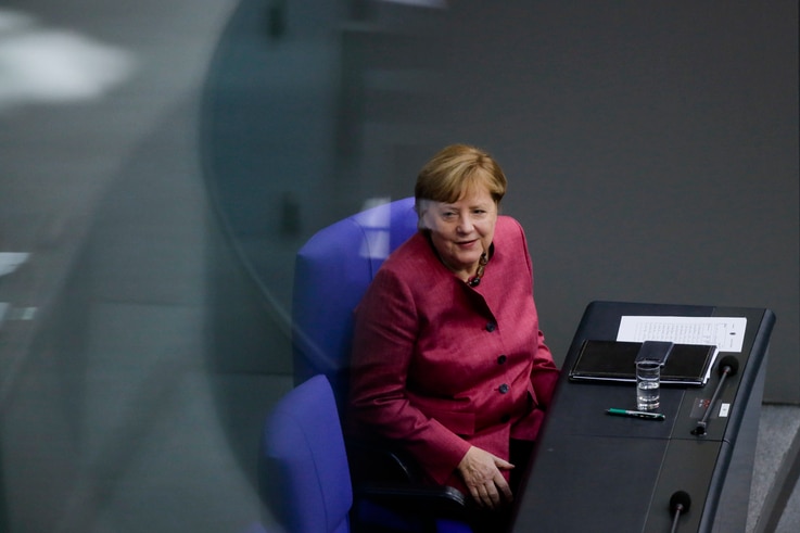 German Chancellor Angela Merkel attends a debate about German government's policies to combat the spread of the coronavirus and…