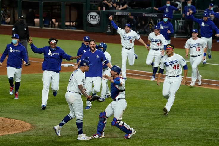 Los Angeles Dodgers celebrate after defeating the Tampa Bay Rays 3-1 to win the baseball World Series in Game 6 Tuesday, Oct…