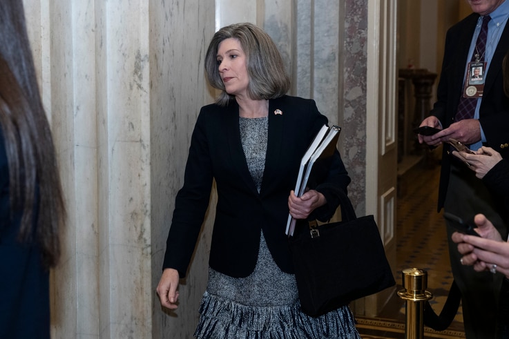 Sen. Joni Ernst, R-Iowa, walks on Capitol Hill, Monday, Feb. 3, 2020 in Washington. (AP Photo/Alex Brandon)