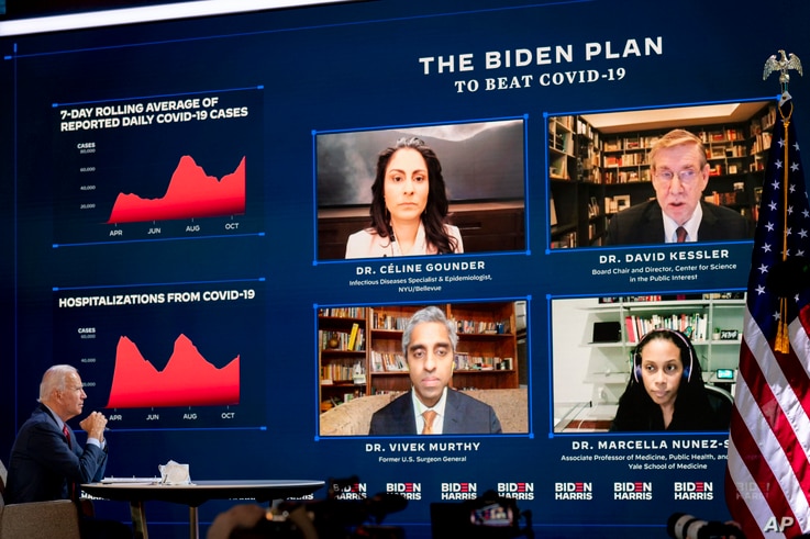 Democratic presidential candidate former Vice President Joe Biden attends a virtual public health briefing at The Queen theater…