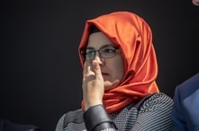 Hatice Cengiz, the fiancee of Jamal Khashoggi, attends an event marking the one-year anniversary of his killing, in Istanbul, Turkey, Oct. 2, 2019.