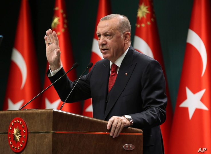 Turkey's President Recep Tayyip Erdogan speaks in a televised address in Ankara, Sept. 21, 2020. 