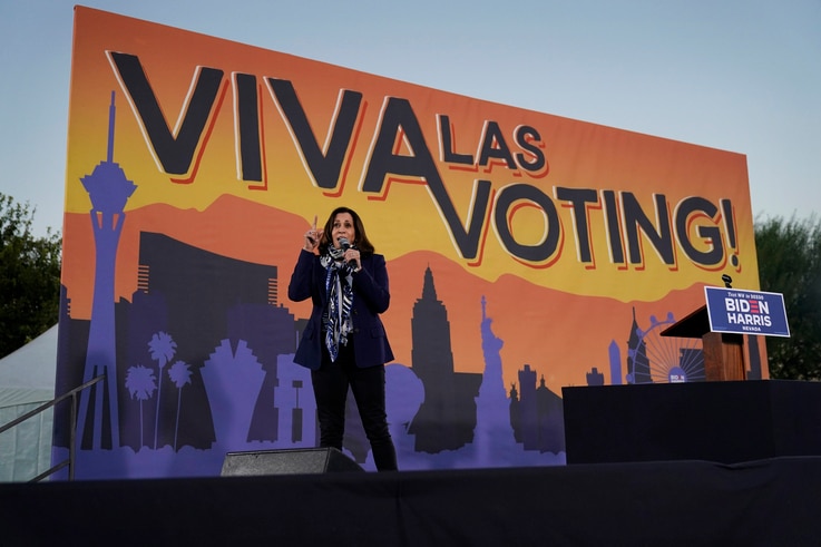 Democratic vice presidential candidate Sen. Kamala Harris, D-Calif., speaks at a campaign event Tuesday, Oct. 27, 2020, in Las…