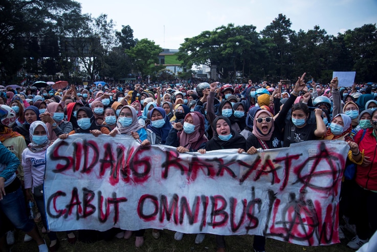 Protest against the government's proposed labor reforms in Sukabumi, West Java