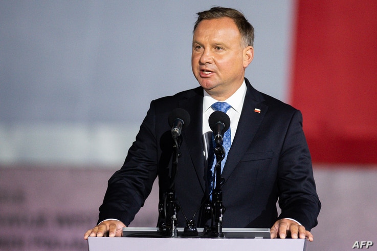 Polish President Andrzej Duda speaks to the crowd during an event to commemorate the outbreak of World War II in Gdansk -…