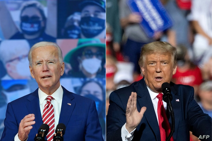 (COMBO) This combination of pictures created on October 30, 2020 shows Democratic presidential nominee and former Vice…