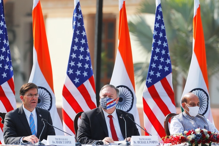 U.S. Secretary of Defence Mark Esper addresses the media next to U.S. Secretary of State Mike Pompeo and India's Defence…