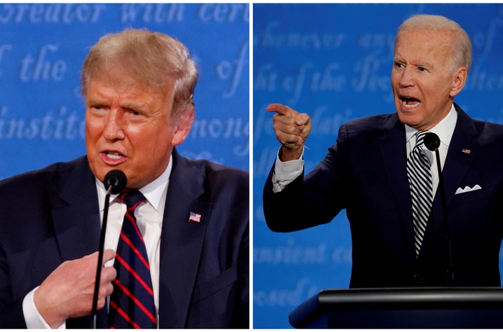 FILE PHOTO: A combination picture shows U.S. President Donald Trump and Democratic presidential nominee Joe Biden speaking…