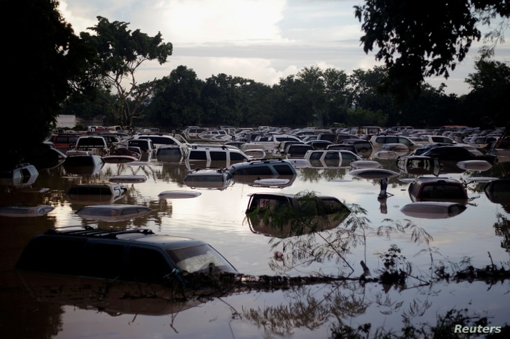 Vehicles are submerged at a plot flooded by the Chamelecon River due to heavy rain caused by Storm Iota, in La Lima, Honduras…