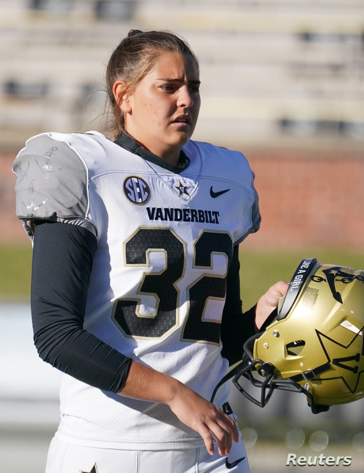 Nov 28, 2020; Columbia, Missouri, USA; Vanderbilt Commodores place kicker Sarah Fuller (32) warms up before a game against the…