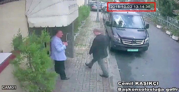 This image taken from CCTV video obtained by the Turkish newspaper Hurriyet and made available on Oct. 9, 2018 claims to show Saudi journalist Jamal Khashoggi entering the Saudi consulate in Istanbul, Oct. 2, 2018. 