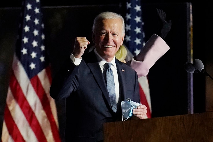 Democratic presidential candidate former Vice President Joe Biden speaks to supporters, early Wednesday, Nov. 4, 2020, in…
