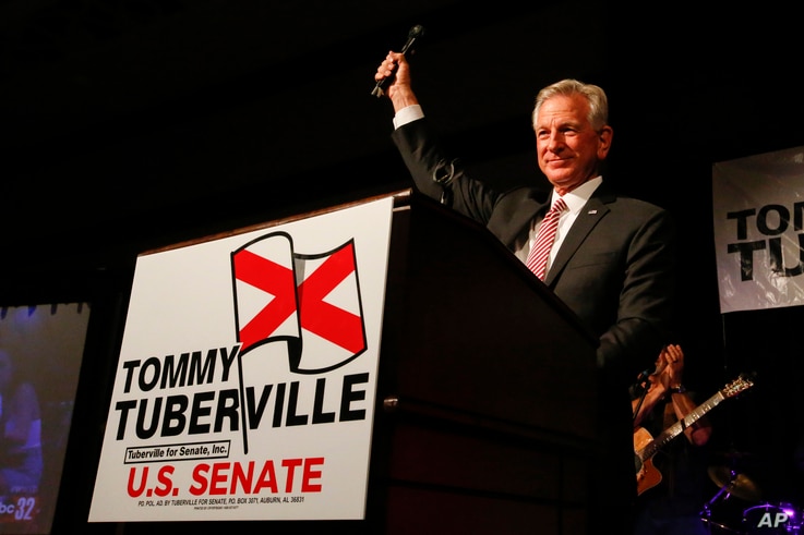 Former Auburn football coach Tommy Tuberville speaks to supporters after he defeated Jeff Sessions in Republican primary for U…