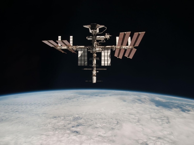 This image of the International Space Station with the docked Europe's ATV /Johannes Kepler/ and Space Shuttle /Endeavour/ was taken by Expedition 27 crew member Paolo Nespoli from the Soyuz TMA-20 following its undocking on 24 May 2011. The pictures