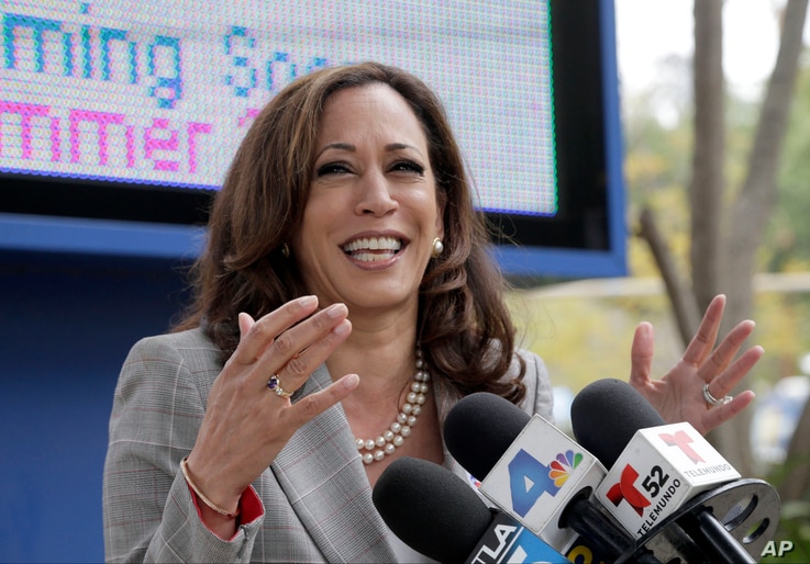 California Attorney General Kamala Harris takes questions after voting in Los Angeles, June 7, 2016. She and U.S. Rep. Loretta Sanchez advance to a runnoff election in November to replace retiring U.S. Sen. Barbara Boxer, a Democrat. 