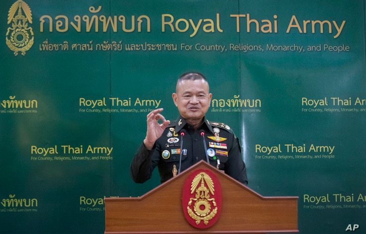 Thailand Army Chief Gen. Narongpan Jittkaewtae speaks during press briefing at the Thai Army headquarters in Bangkok, Thailand, Oct. 6, 2020.