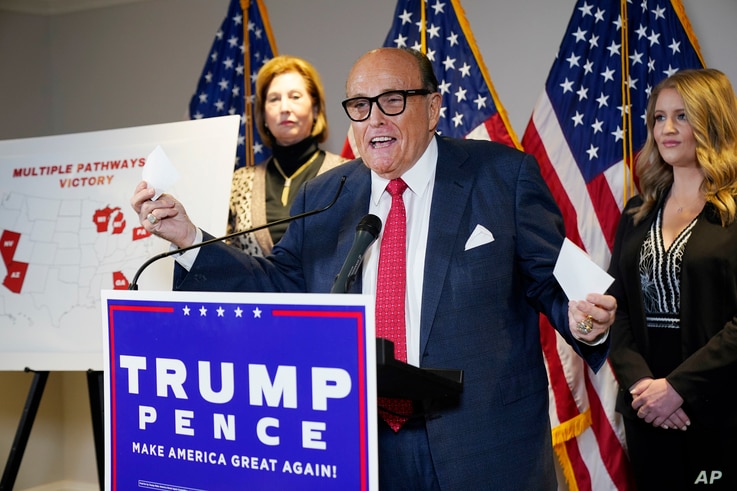 Former Mayor of New York Rudy Giuliani, a lawyer for President Donald Trump, speaks during a news conference at the Republican…