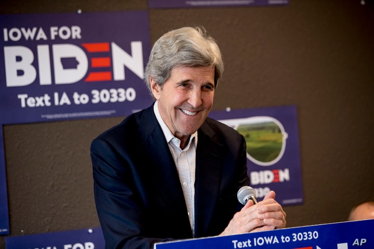 FILE - In this Jan. 9, 2020, file photo former Secretary of State John Kerry smiles while speaking at a campaign stop to…