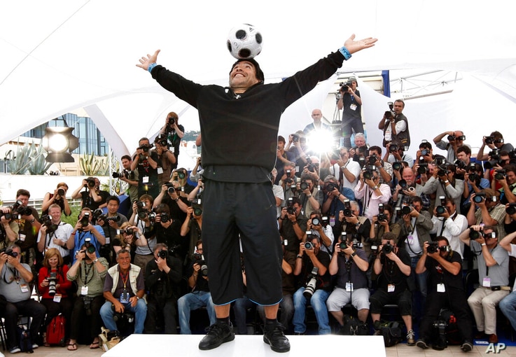 FILE - In this May 20, 2008 file photo former Argentine soccer player Diego Maradona poses during the photo call for the…
