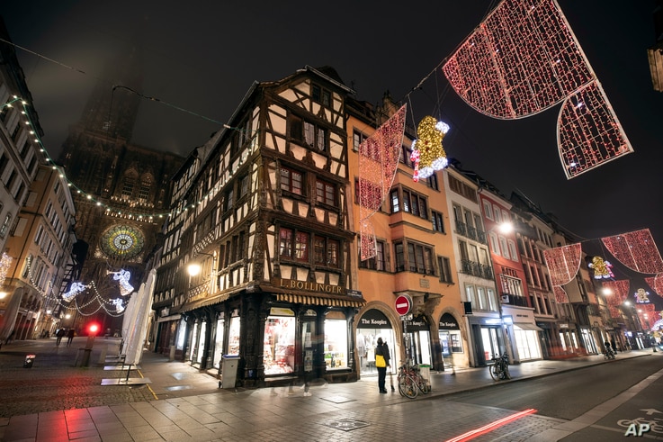 Christmas lightings are pictured where the Christmas market usually takes place, Friday, Nov.27, 2020 in Strasbourg, eastern…