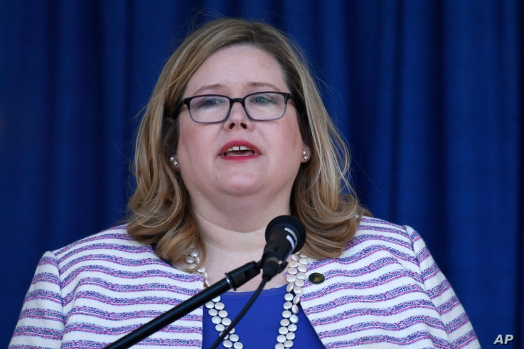 General Services Administration Administrator Emily Murphy speaks during a ribbon cutting ceremony for the Department of…