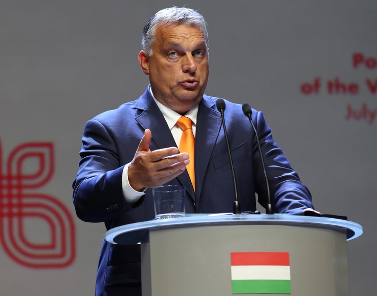 Viktor Orban Prime Minister of Hungary attends a news conference following talks with his counterparts from central Europe's…