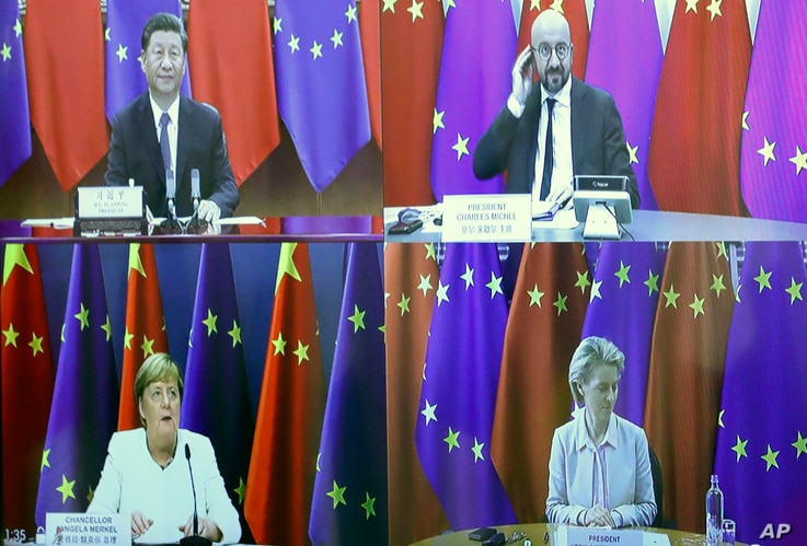 European Council President Charles Michel, top right, speaks with China's President Xi Jinping, top left, European Commission…
