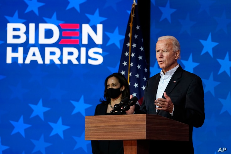 Democratic presidential candidate former Vice President Joe Biden speaks Thursday, Nov. 5, 2020, in Wilmington, Del. Democratic…