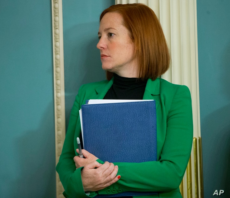 State Department spokeswoman Jen Psaki is seen during a meeting between Secretary of State John Kerry and Liberian President…
