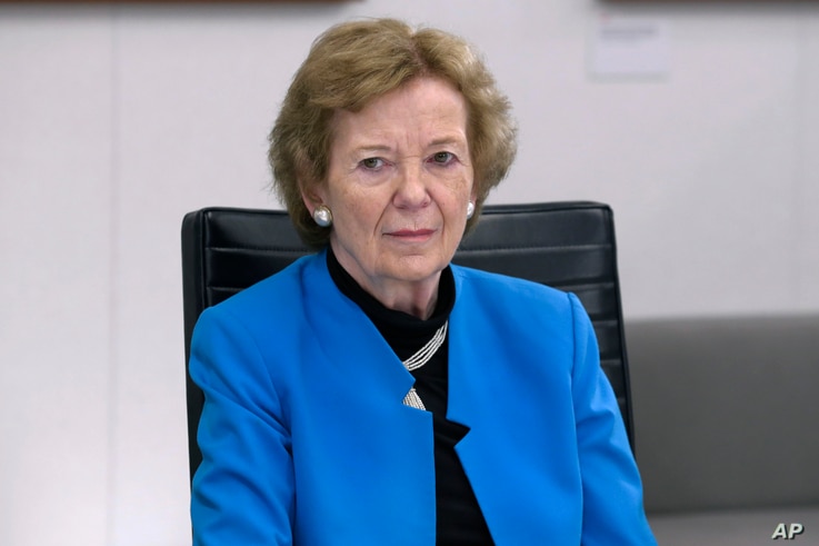 Former President of Ireland and former High Commissioner for Human Rights Mary Robinson speaks during a meeting at Associated…