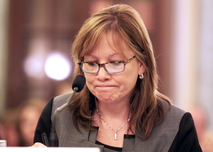 GM CEO Mary Barra pauses while testifying on Capitol Hill in Washington, July 17, 2014, before a Senate Commerce subcommittee hearing examining accountability and corporate culture in wake of the GM recalls.