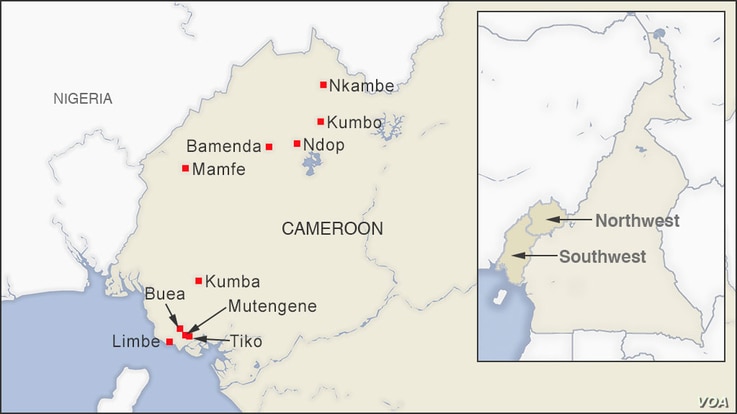 Map of Cameroon showing the towns of Bamenda, Kumbo, Ndop, Nkambe, Limbe, Buea, Kumba, Mamfe, Mutengene and Tiko