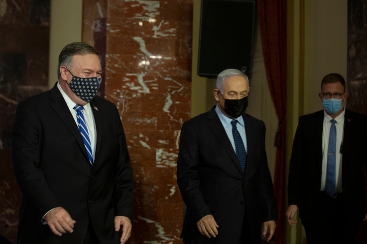 U.S. Secretary of State Mike Pompeo, left, and Israeli Prime Minister Benjamin Netanyahu leave after making a joint statement…