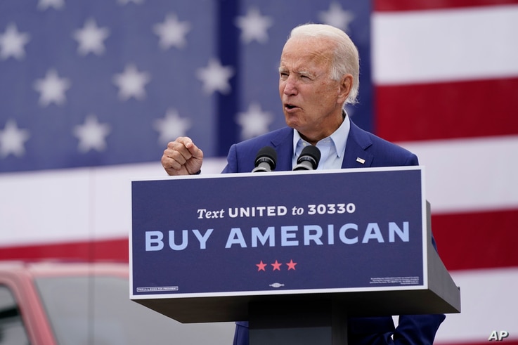 Democratic presidential candidate former Vice President Joe Biden speaks at a campaign event on manufacturing and buying American-made products at UAW Region 1 headquarters in Warren, Michigan, Sept. 9, 2020.