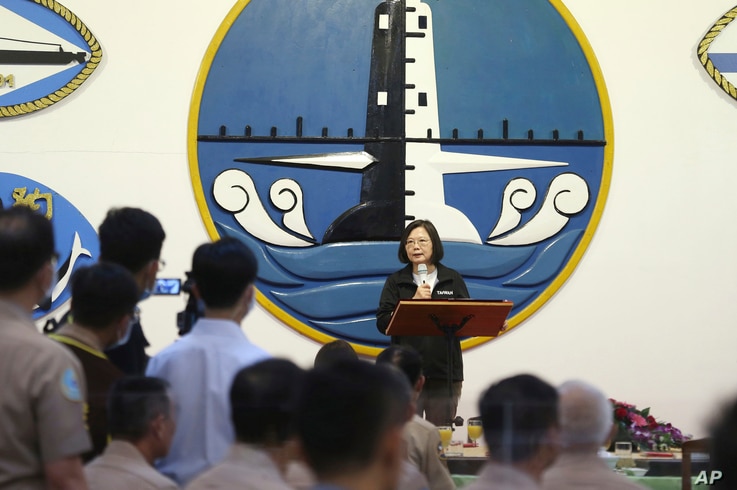 FILE - Taiwan's President Tsai Ing-wen delivers a speech during a visit to Zuoying navy base in Kaohsiung, southern Taiwan, Sept. 26, 2020.
