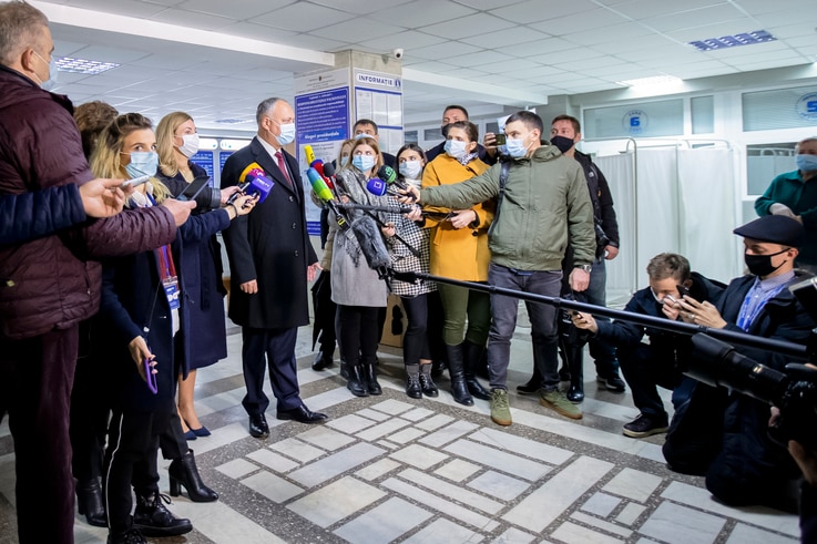 Incumbent Moldovan President Igor Dodon speaks to media after casting his vote in the country's presidential elections in…