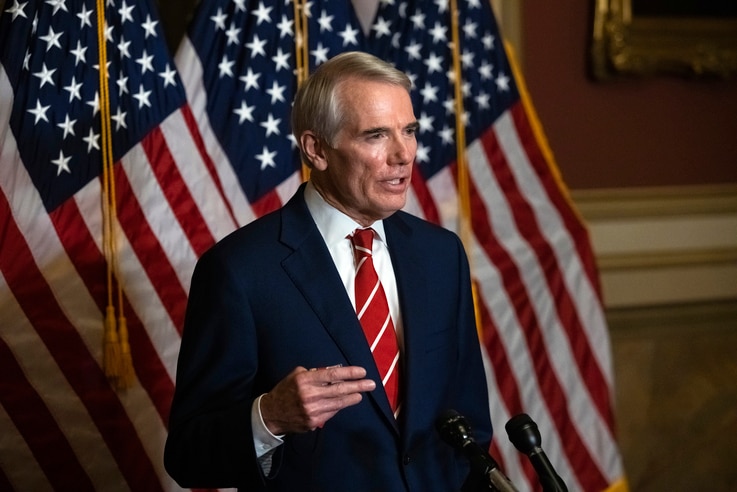 FILE - This Monday, Oct. 26, 2020, file photo shows Sen. Rob Portman, R-Ohio, speaking during a news conference in Washington…
