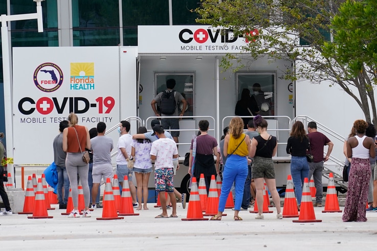 People line up at a COVID-19 rapid test site, Saturday, Nov. 7, 2020 in Miami Beach, Fla. According to an AP analysis of data…