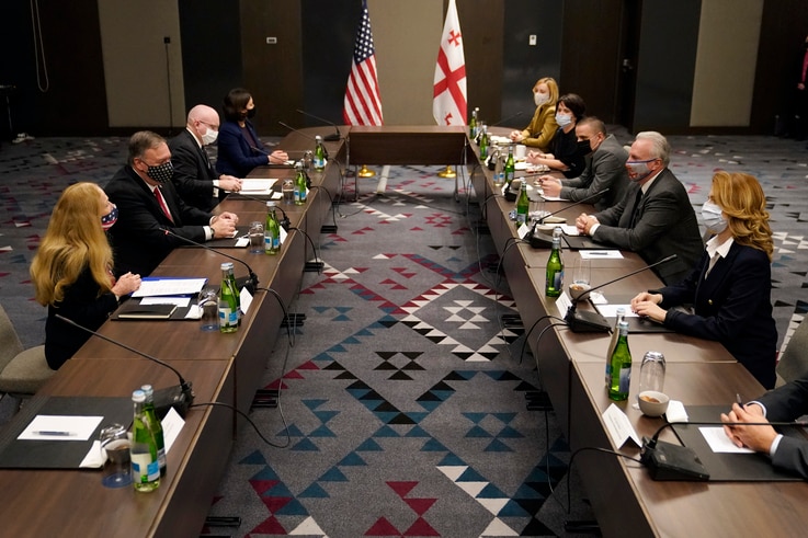 Secretary of State Mike Pompeo meets with civil society leaders in Tbilisi, Georgia, Wednesday, Nov. 18, 2020. (AP Photo…