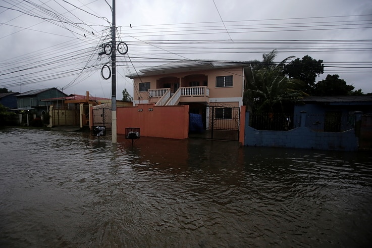 A general view shows a flooded street as Hurricane Eta approaches, in Tela