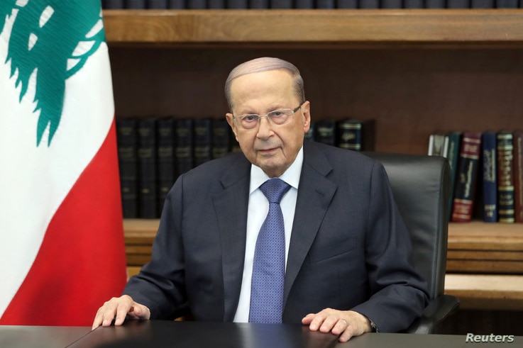 Lebanon's President Michel Aoun addresses the nation at the Baabda palace, Oct. 24, 2019.