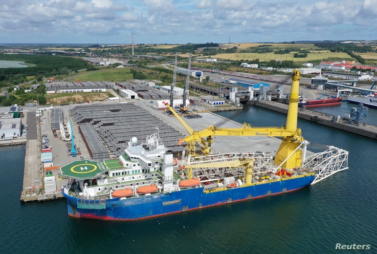The Russian pipe-laying vessel Akademik Cherskiy, which may be used to complete the construction of the Nord Stream 2 gas pipeline, lies in the port of Mukran, Germany, July 7, 2020.
