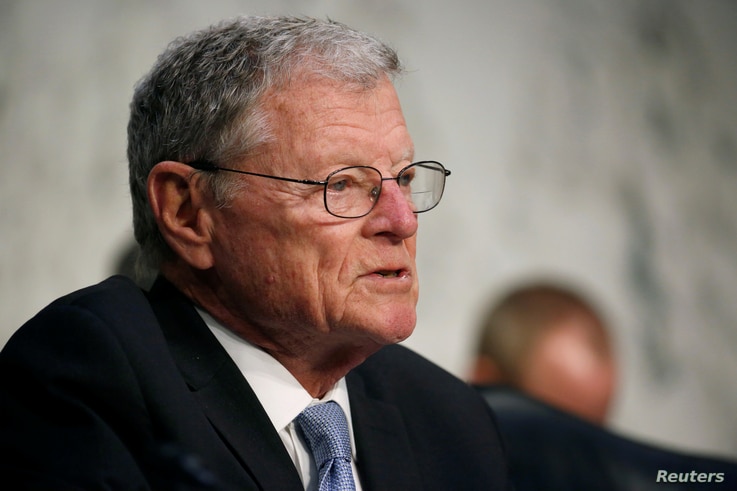 Senator James Inhofe (R-OK) Chairman of the Senate Armed Services Committee during a hearing on Worldwide Threats on Capitol Hill in Washington, March 6, 2018. 