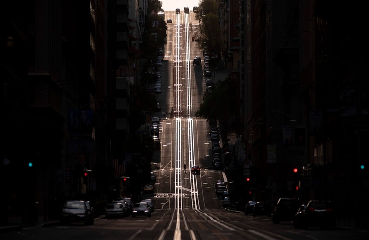 -- AFP PICTURES OF THE YEAR 2020 --  California Street, usually filled with cable cars, is seen empty in San Francisco,…