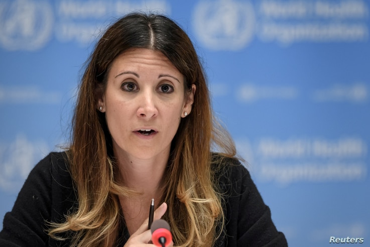 FILE PHOTO: WHO Technical lead head COVID-19 Maria Van Kerkhove attends a news conference organized by Geneva Association of…