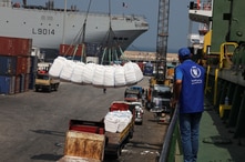 Humanitarian aid donated by World Food Program (WFP), are unloaded at Beirut's port, in Beirut, Lebanon September 3, 2020…